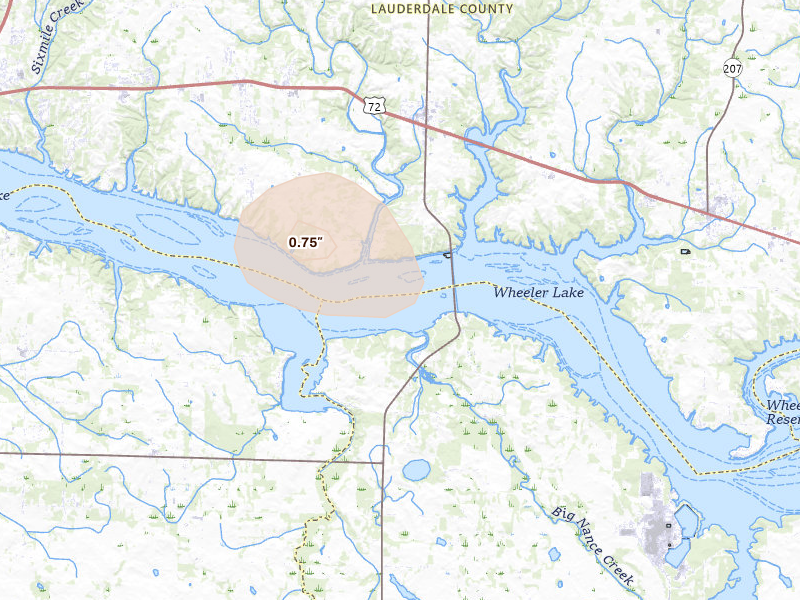 Radar-estimated hail-size map of the storm over Town Creek, AL on Aug 17, 2026