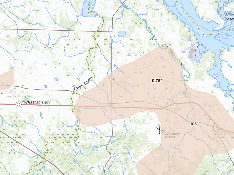 Radar-estimated hail-size map of the storm over Town Creek, AL on Aug 26, 2026