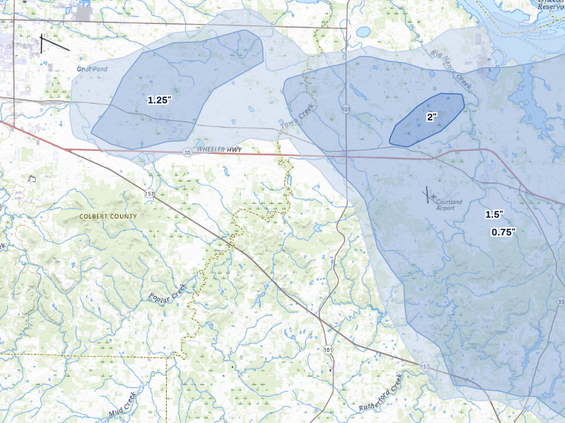 NEXRAD radar-signature map of the hail storm over Town Creek, AL on Aug 26, 2026