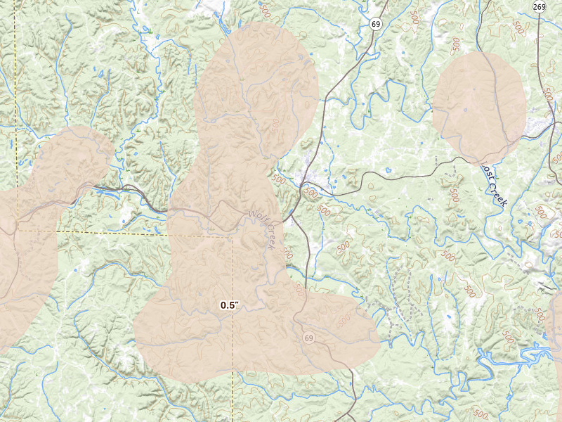 Radar-estimated hail-size map of the storm over Townley, AL on Jun 1, 2026