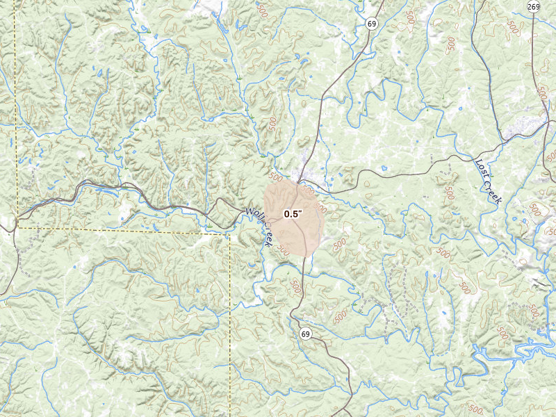 Radar-estimated hail-size map of the storm over Townley, AL on Jun 19, 2026