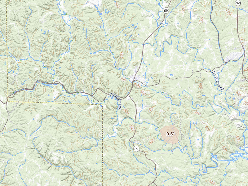 Radar-estimated hail-size map of the storm over Townley, AL on Jul 18, 2026