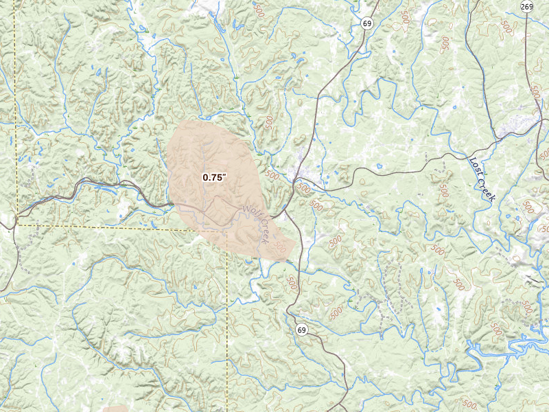 Radar-estimated hail-size map of the storm over Townley, AL on Jul 19, 2026