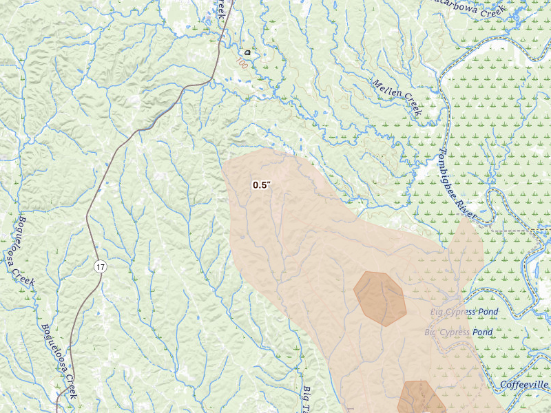 Radar-estimated hail-size map of the storm over Toxey, AL on Aug 24, 2026