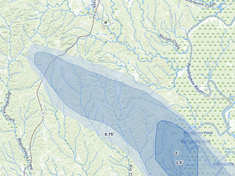 NEXRAD radar-signature map of the hail storm over Toxey, AL on Aug 24, 2026