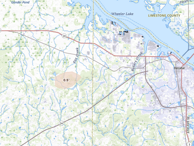 Radar-estimated hail-size map of the storm over Trinity, AL on Apr 27, 2026