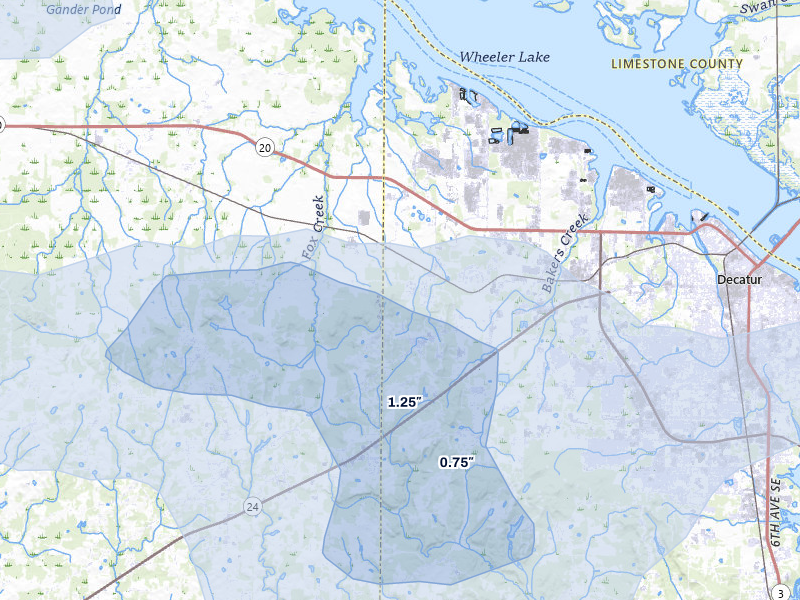 NEXRAD radar-signature map of the hail over Trinity, AL