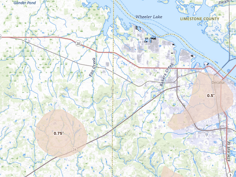 Radar-estimated hail-size map of the storm over Trinity, AL on Jun 1, 2026