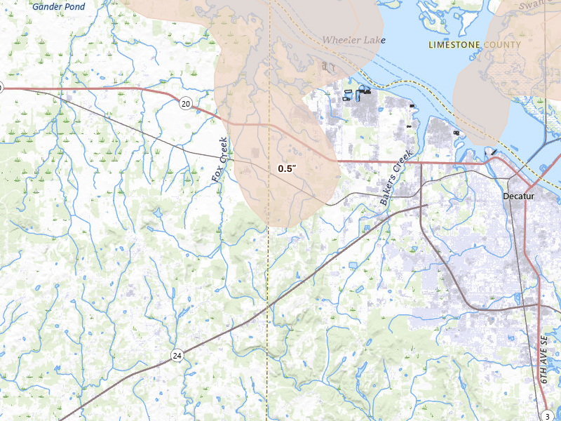 Radar-estimated hail-size map of the storm over Trinity, AL on Jul 1, 2026