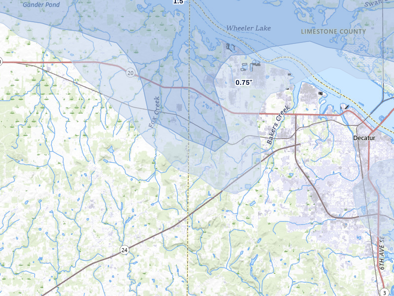 NEXRAD radar-signature map of the hail over Trinity, AL