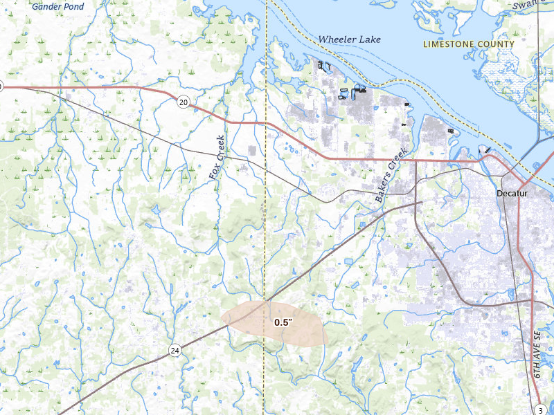Radar-estimated hail-size map of the storm over Trinity, AL on Jul 7, 2026
