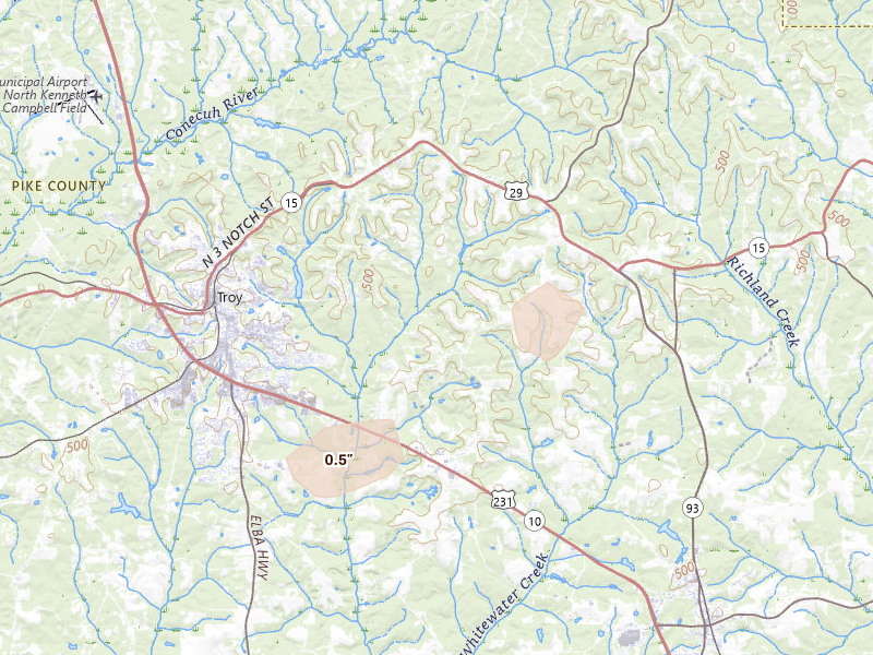 Radar-estimated hail-size map of the storm over Troy, AL on Jun 22, 2026