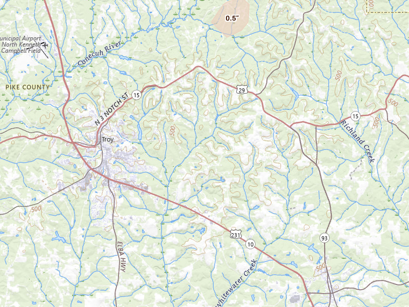 Radar-estimated hail-size map of the storm over Troy, AL on Jul 10, 2026