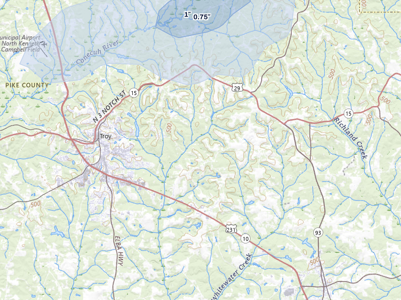 NEXRAD radar-signature map of the hail storm over Troy, AL on Jul 10, 2026