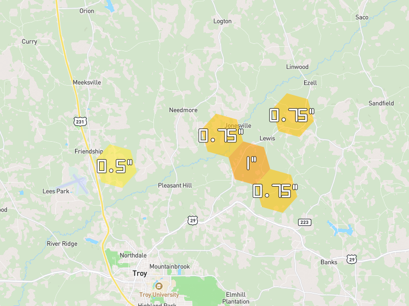 Hail map of Troy, AL on Jul 10, 2026, hail up to 1"