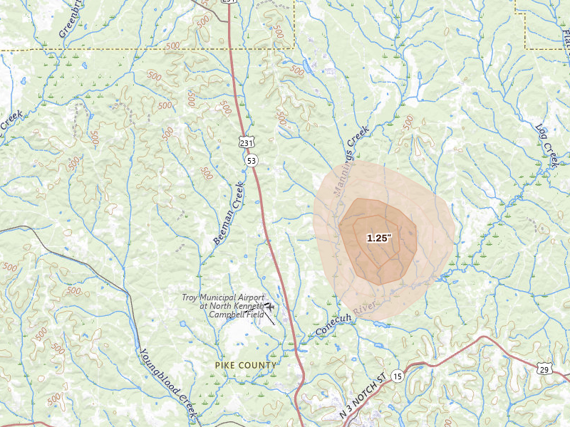 Radar-estimated hail-size map of the storm over Troy, AL on Aug 6, 2026
