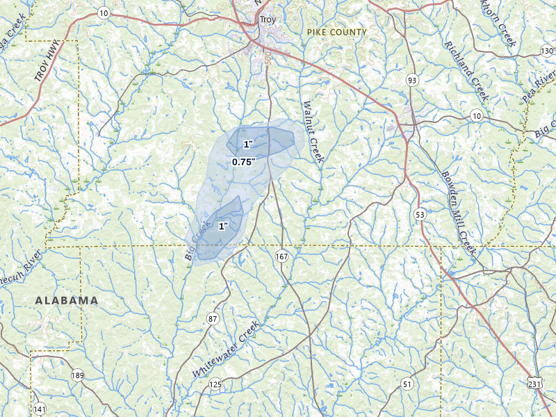 NEXRAD radar-signature map of the hail storm over Troy, AL on Aug 6, 2026