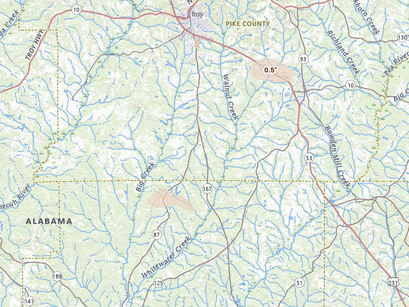 Radar-estimated hail-size map of the storm over Troy, AL on Aug 21, 2026