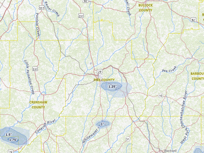 NEXRAD radar-signature map of the hail storm over Troy, AL on Aug 21, 2026