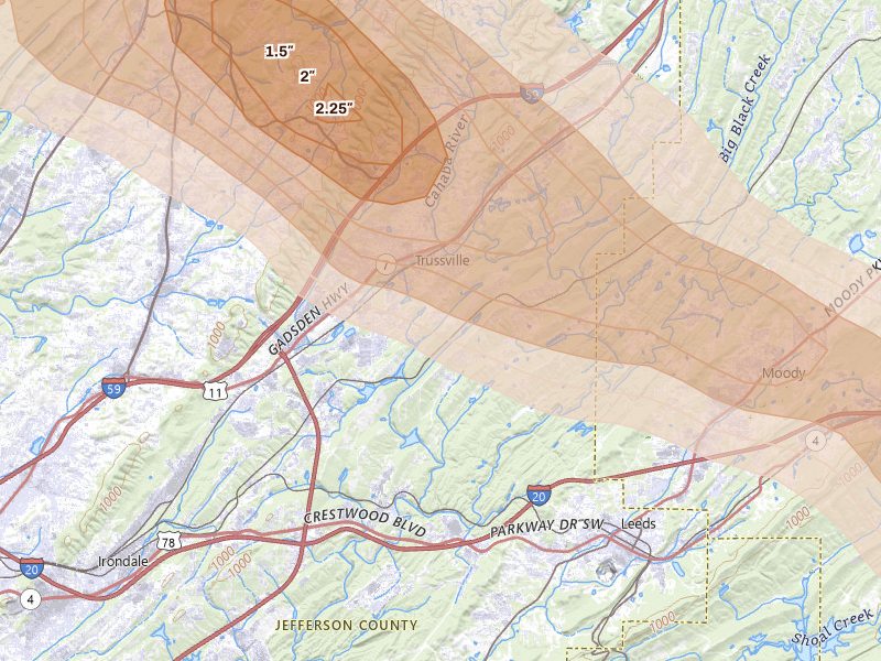 Radar-estimated hail-size map of the storm over Trussville, AL