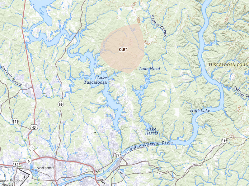 Radar-estimated hail-size map of the storm over Tuscaloosa, AL on Jun 1, 2026