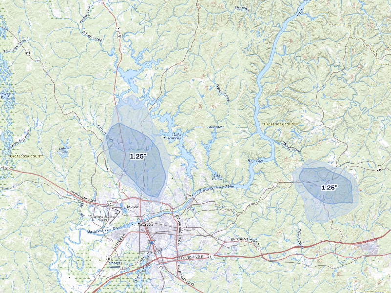 NEXRAD radar-signature map of the hail storm over Tuscaloosa, AL on Aug 9, 2026