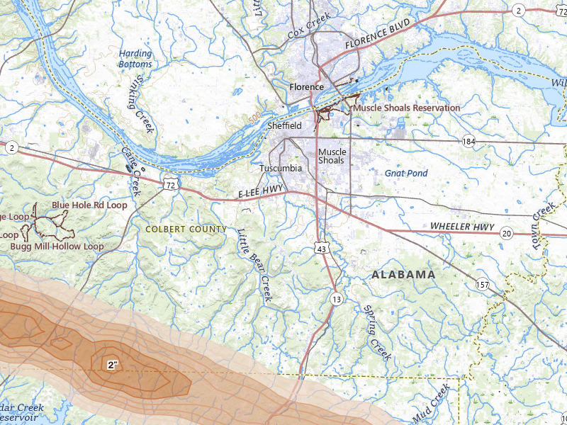 Radar-estimated hail-size map of the storm over Tuscumbia, AL on Feb 26, 2026