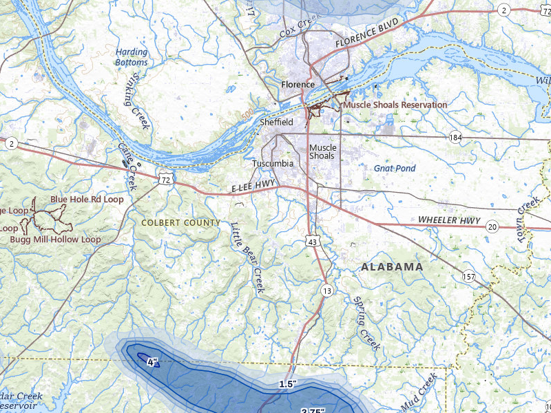NEXRAD radar-signature map of the hail over Tuscumbia, AL