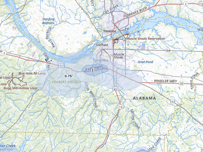NEXRAD radar-signature map of the hail over Tuscumbia, AL
