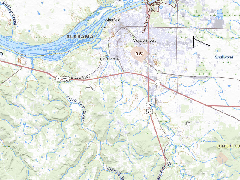Radar-estimated hail-size map of the storm over Tuscumbia, AL on Aug 8, 2026