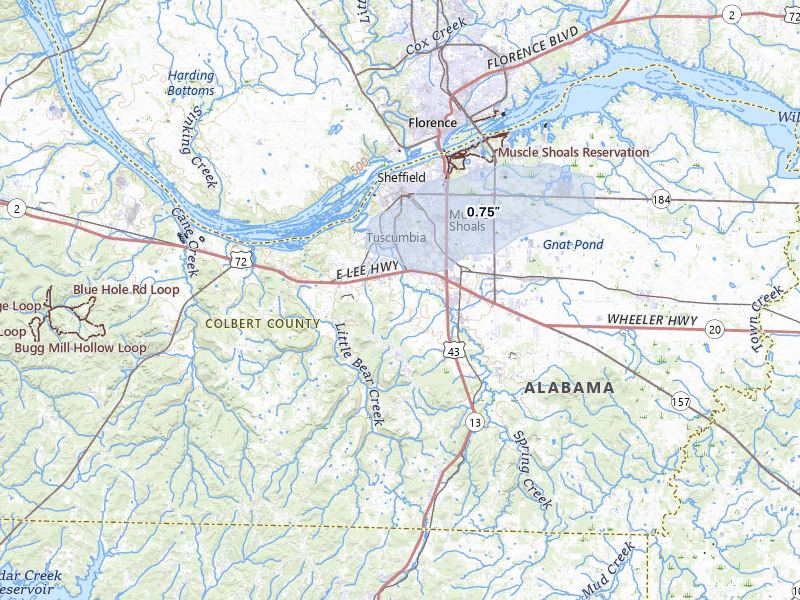 NEXRAD radar-signature map of the hail storm over Tuscumbia, AL on Aug 8, 2026