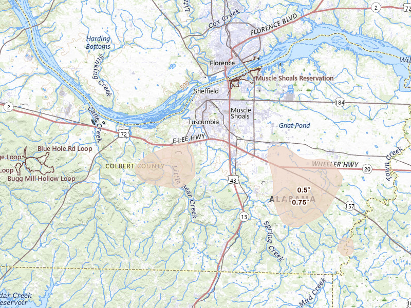 Radar-estimated hail-size map of the storm over Tuscumbia, AL on Aug 9, 2026