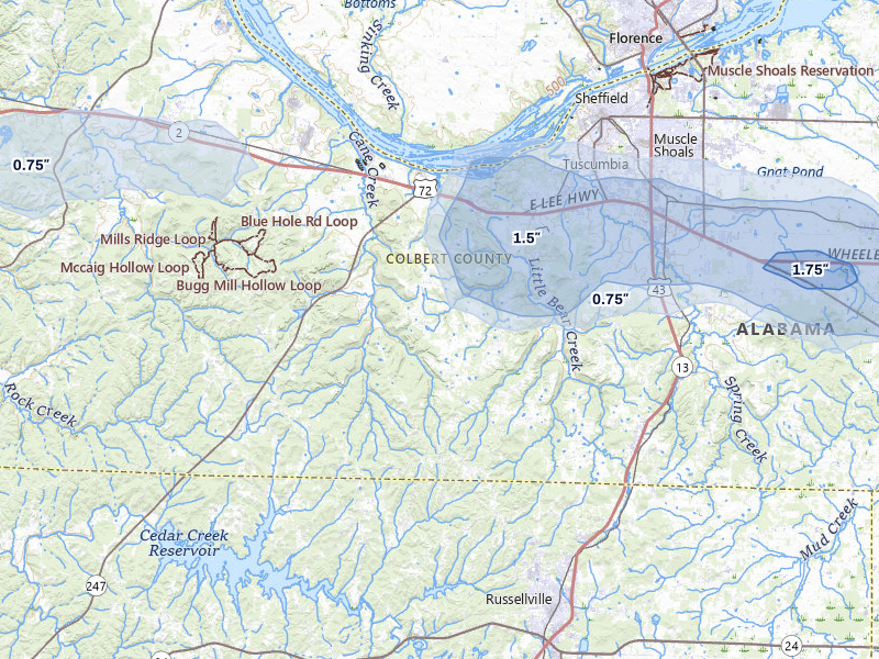 NEXRAD radar-signature map of the hail storm over Tuscumbia, AL on Aug 9, 2026