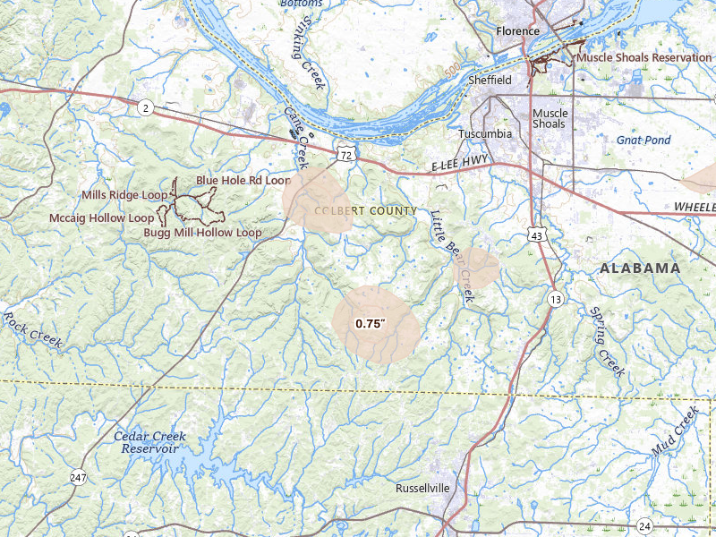 Radar-estimated hail-size map of the storm over Tuscumbia, AL on Aug 26, 2026