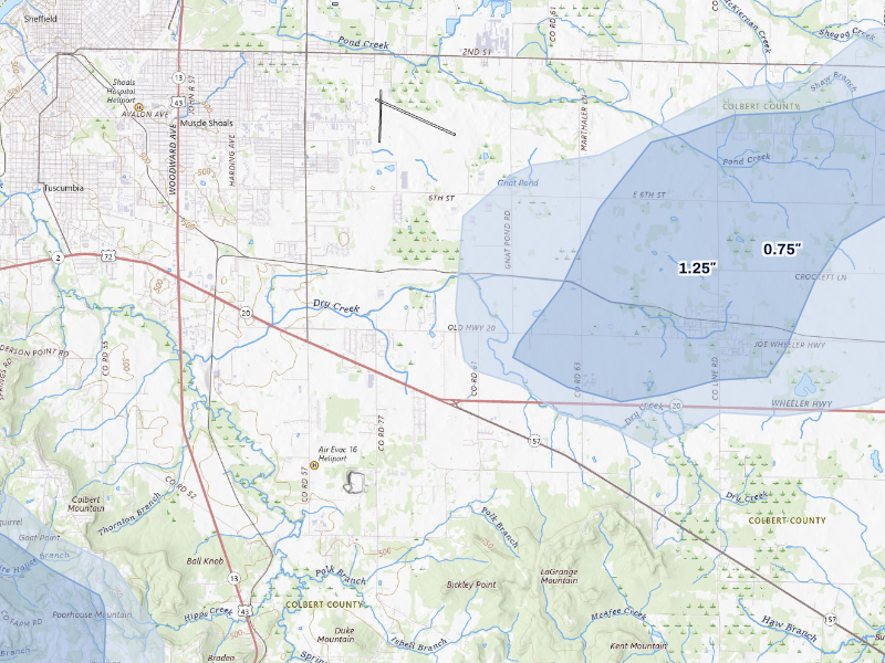 NEXRAD radar-signature map of the hail storm over Tuscumbia, AL on Aug 26, 2026
