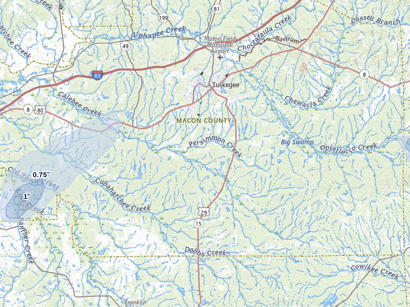 NEXRAD radar-signature map of the hail over Tuskegee, AL