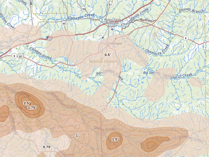 Radar-estimated hail-size map of the storm over Tuskegee, AL on May 6, 2026