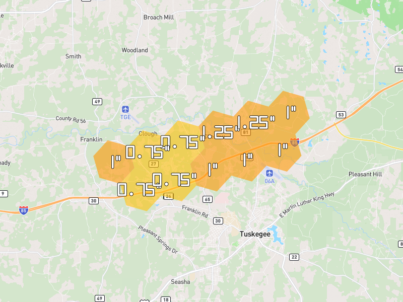 Hail map of Tuskegee, AL on Jun 30, 2026, hail up to 1.25"