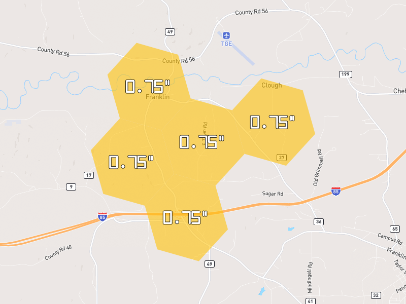 Hail map of Tuskegee, AL on Jul 1, 2026, hail up to 0.75"