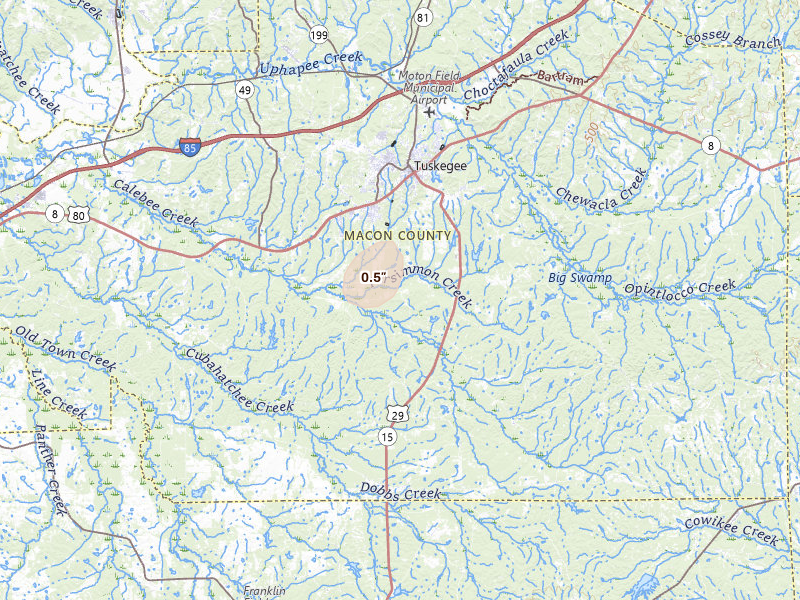 Radar-estimated hail-size map of the storm over Tuskegee, AL on Jul 5, 2026