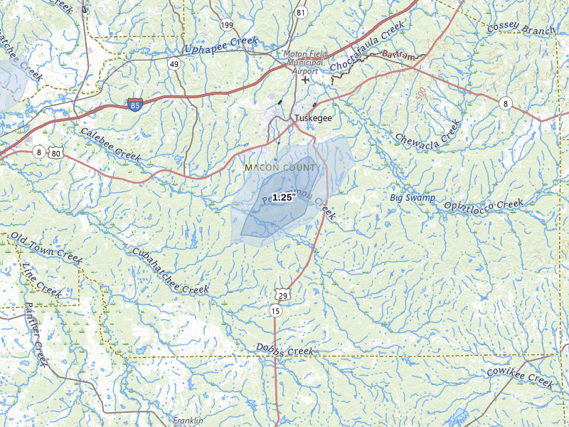 NEXRAD radar-signature map of the hail storm over Tuskegee, AL on Jul 5, 2026