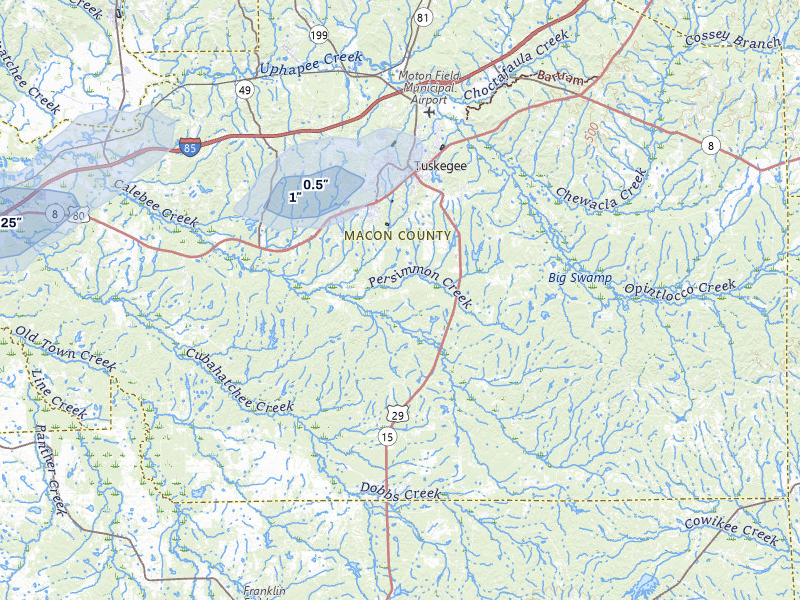 NEXRAD radar-signature map of the hail storm over Tuskegee, AL on Jul 9, 2026