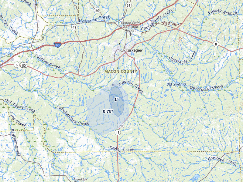 NEXRAD radar-signature map of the hail storm over Tuskegee, AL on Jul 12, 2026