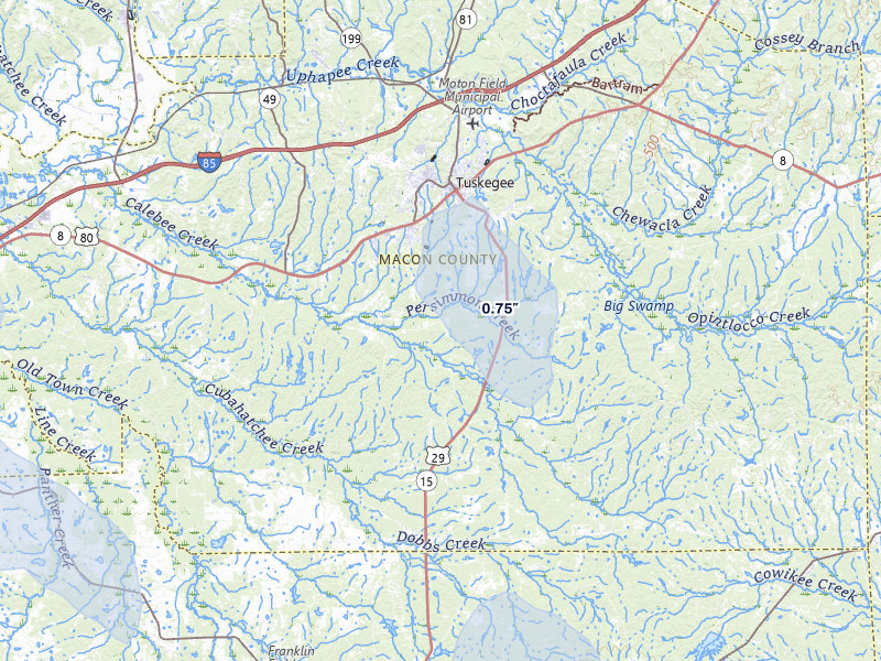 NEXRAD radar-signature map of the hail storm over Tuskegee, AL on Jul 29, 2026