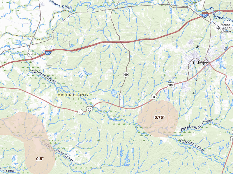 Radar-estimated hail-size map of the storm over Tuskegee, AL