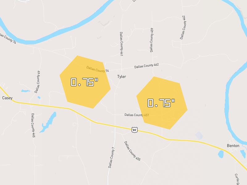 Hail map of Tyler, AL on Jun 1, 2026, hail up to 0.75"