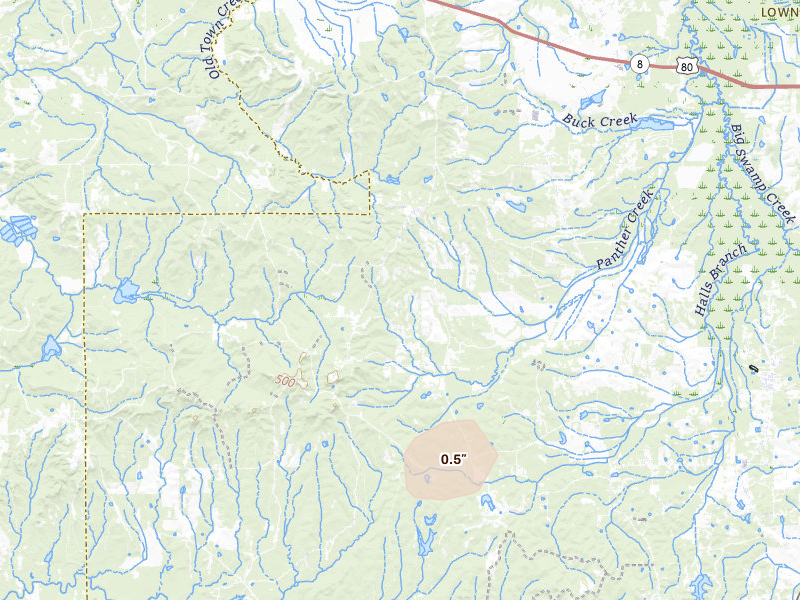 Radar-estimated hail-size map of the storm over Tyler, AL on Aug 14, 2026