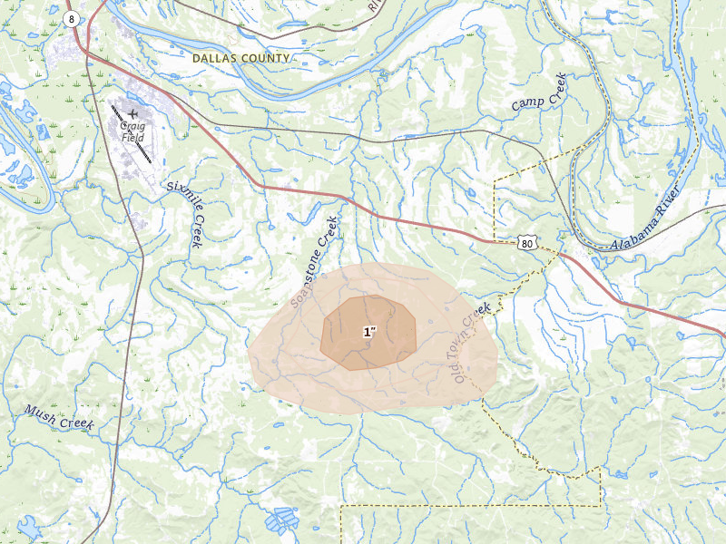 Radar-estimated hail-size map of the storm over Tyler, AL on Aug 24, 2026