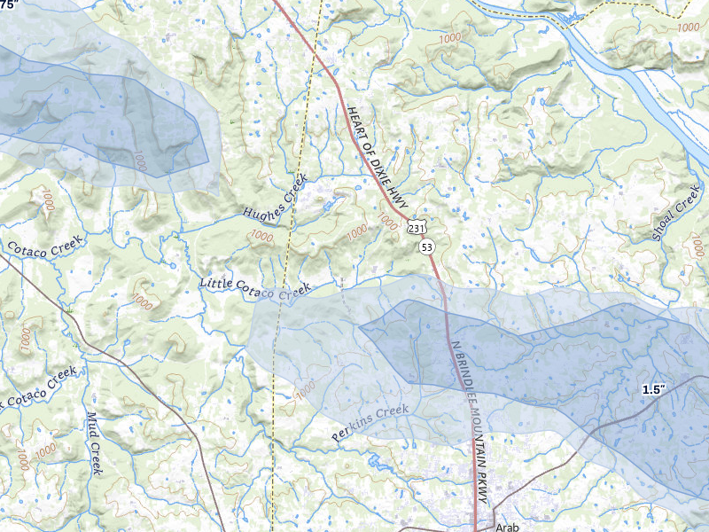 NEXRAD radar-signature map of the hail storm over Union Grove, AL on Jun 1, 2026