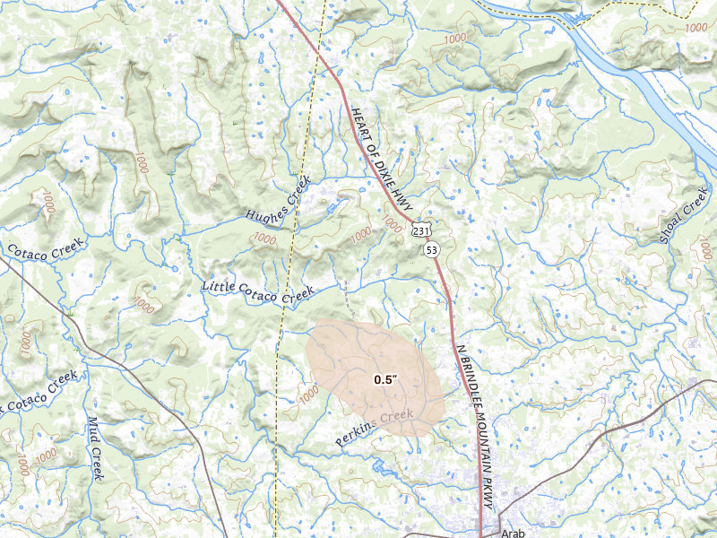 Radar-estimated hail-size map of the storm over Union Grove, AL on Jul 5, 2026